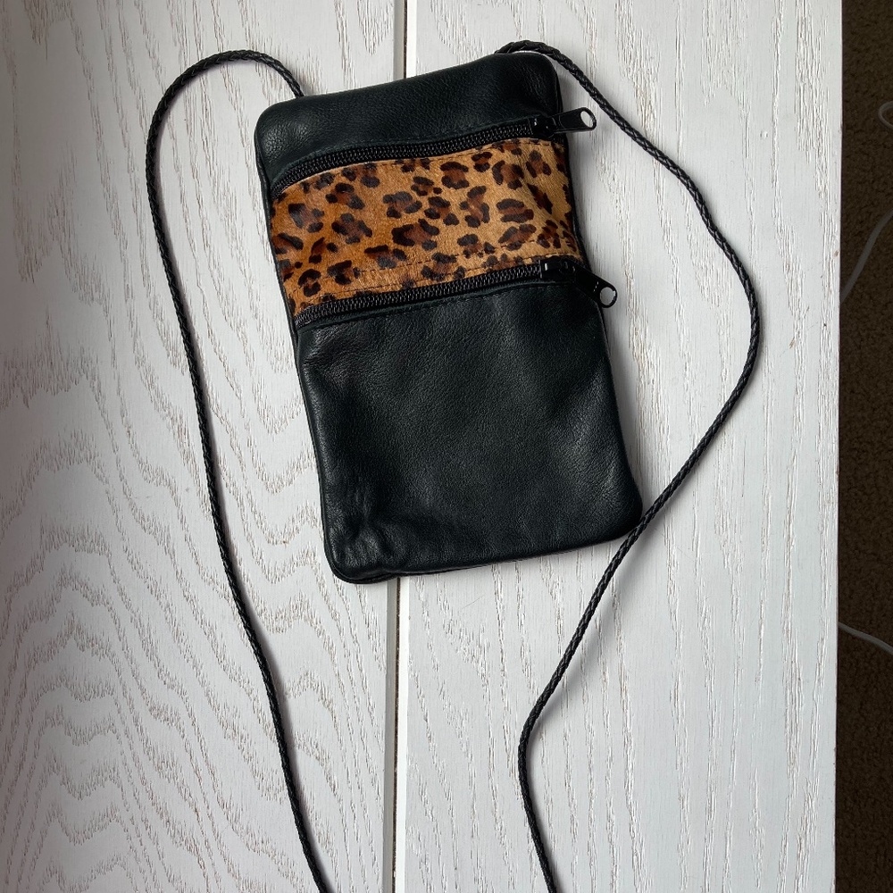 Black Leather and Leopard Print Crossbody Purse
